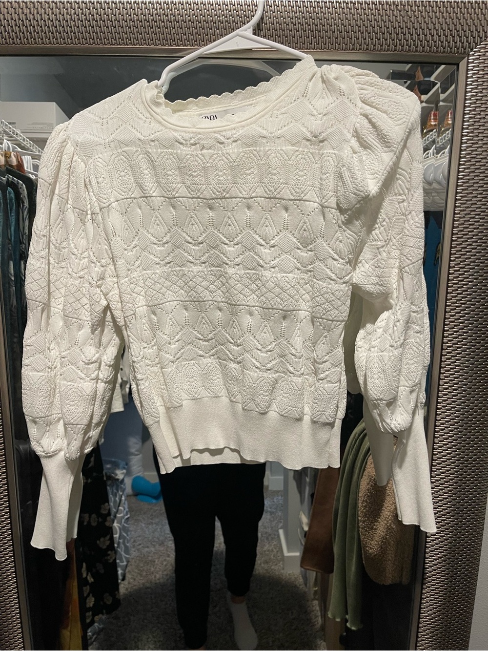 Zara Cream Boho Textured Puff-Sleeve Crewneck Sweater